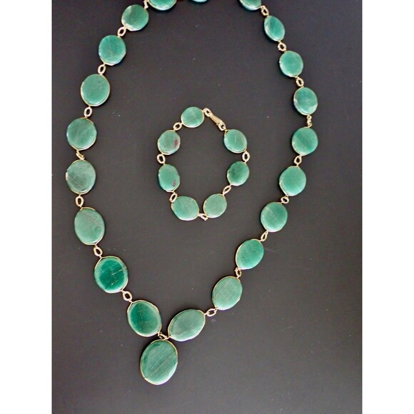 Green Aventurine Necklace & Matching Bracelet Stone Disk Gold Tone Wire Links - Picture 16 of 16